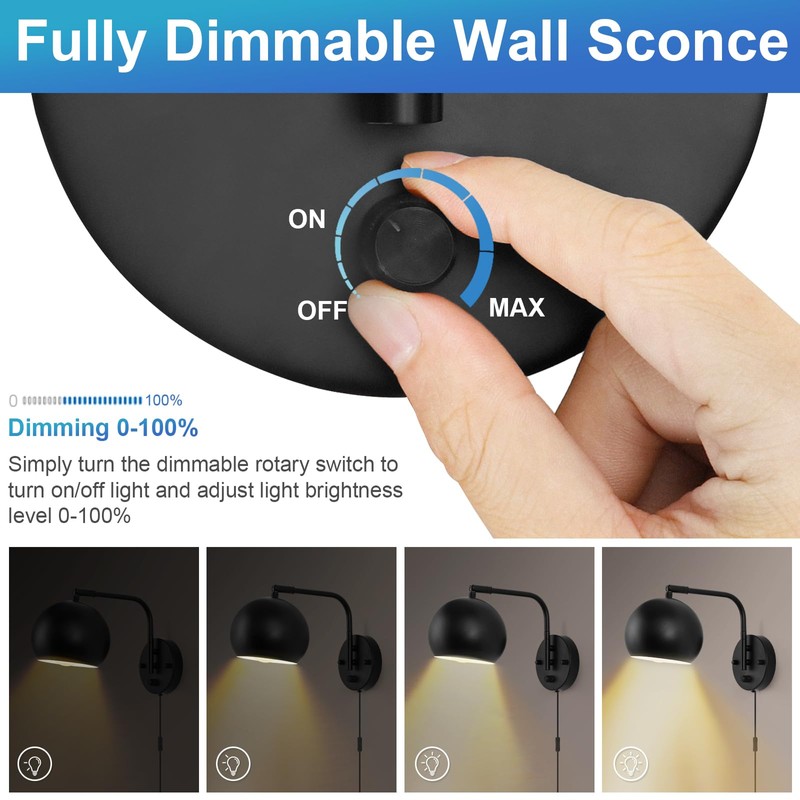 VATONI Dimmable Wall Sconces Set of 2, Plug in Wall