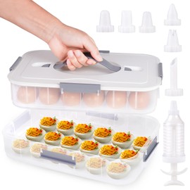 2-Layer Deviled Egg Containers with Lid, 36 Slots Deviled Egg Tray Carrier with Handle and Deviled Egg Injector Piping Tool, Portable Egg Storage Carrier Tray Platter for Party Picnic Travel (white)
