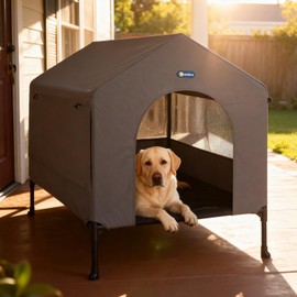 Veehoo 41" Dog House, 2-in-1 Large Dog House Outdoor Indoor Weatherproof, Outside Elevated Dog Cot Bed Dog Tent Shade, Three-Sided Breathable Mesh Windows and Sunshades, CWC2435CP
