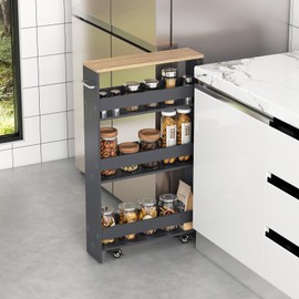 MAT EXPERT Slim Rolling Storage Cart, 4-Tier Freestanding Slim Storage Cart with Wheels 360 Degree & Metal Handle, Wooden Utility Cart for Narrow Kitchen, Laundry Room, Bathroom (Grey + Natural)