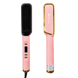 Bluelander Cepillo Alisador para Cabello 4 Ajustes de Temperatura 160-220 °C, Peine Alisador 27 * 5 cm, Cepillo Termico, Calentamiento Rápido, Con Clips y Liga Incluidos (Rosa)