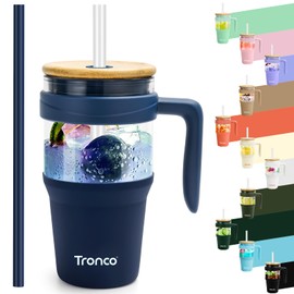 Tronco 32 oz Glass Tumbler with Handle, Glass Tumbler with Straw and Bamboo Lid, Glass Water Bottles Fit in Cup Holder, Iced Coffee Cup, Smoothie Cup, BPA Free, Dishwasher Safe (Navy Blue)