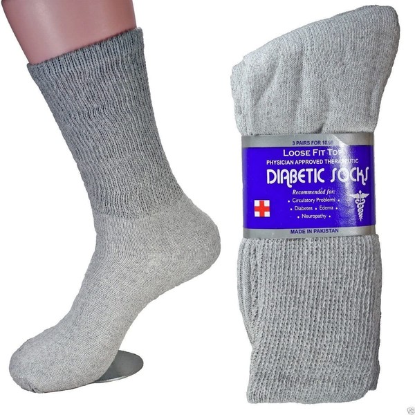 LM® 12 Pairs Diabetic Crew Socks Unisex 9-11, 10-13, 13-15 Black Grey White (10-13, Gray)