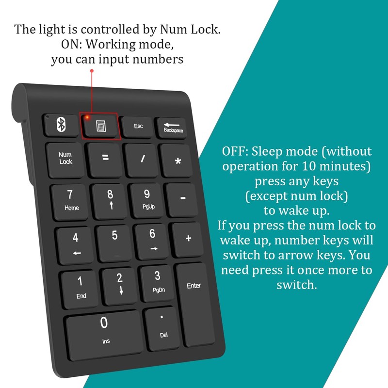 Foloda Bluetooth Number Pad, Wireless 10 Keys USB Number Numeric