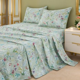 Brandream Bed Sheets Garden Style Butterfly Floral Bedding Elegant Watercolor Painting Farmhouse Queen Size Sheets Set Luxury Bedding Collections 100% Egyptian Cotton Deep Pocket, 4 Piece Green