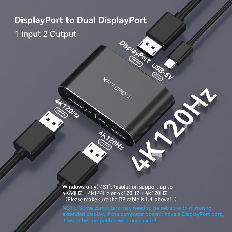 XPTSFDU 4K120Hz DisplayPort to Dual Displayport Splitter for Dual Monitors