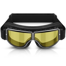 BELINOUS Motorcycle Goggles for Scooter ATV Off-Road, Vintage Leather Pilot Style Goggle (Yellow Lens, Black Frame)