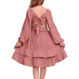 blibean Girls Long Sleeve Dress Tween Winter Tie Back Dresses Teen Casual Wedding Guest Smocked Holiday Clothes Big Kids Boho Tiered Semi Formal School Outfits Size 12-13 Year Old Dusty Pink