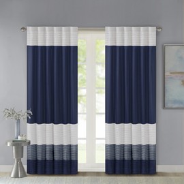 Madison Park Amherst Single Panel Faux Silk Rod Pocket Curtain With Privacy Lining for Living Room, Window Drape for Bedroom and Dorm, 50x84, Navy
