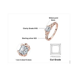 JewelryPalace Vintage Celtic Knot Princess Cut 1.2ct Cubic Zirconia Solitaire Engagement Rings for Women, 14k Rose Gold Plated 925 Sterling Silver Promise Rings, Simulated Diamond Ring Size 10.5