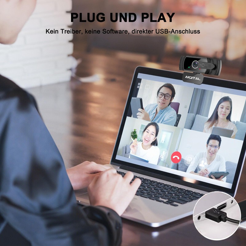 Webcam 1080P with Microphone and Webcam Cover, Tripod, Plug &