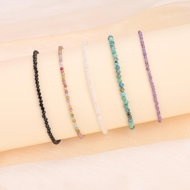 Koai Women's 2mm Tourmaline Moonstone Amethyst Birthstone Bracelet, Stone Stainless