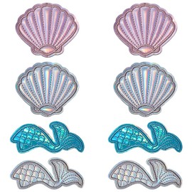 FINGERINSPIRE 8PCS 4 Style Seashell Mermaid Cartoon Patch, Cloth Sewing Patches Machine Embroidery Beach Seashell Mermaid Tail Applique Patch for DIY Craft Projects 2.3x2.6 inch & 1.3x3 inch