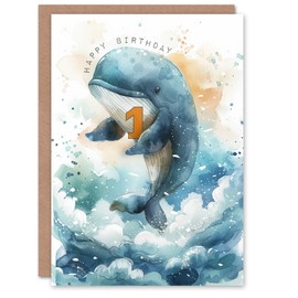 Artery8 1st Birthday Card Cute Whale Wave Jump Illustration Kids Age 1 Year Old Child For Son Daughter Girl Boy Happy Card