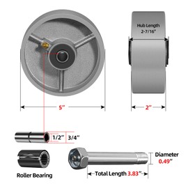 HANDSAMMU 5 Inch Replacement Caster Wheels, Steel Cast Iron Wheel, Heavy Duty -1000 lbs Capacity per Wheel, 1/2" Bore, Industrial Caster Wheel for Platform Trucks Push Cart（2 Pack）