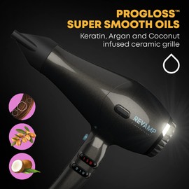 Revamp Progloss Featherlite Ultra X Hair Dryer – Ionic Hair Dryer with 2 Speeds & 4 Heat Settings, Compact & Ultra Lightweight – Includes 2 Smoothing/Styling Attachments & Progloss Super Smooth Oils