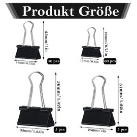 aurorayer Pack of 110 Metal Paper Clips, Foldback Clips, 15 mm, 19 mm, 25 mm, 32 mm, Black Metal Clips, Paper Clips for Office, School, Family