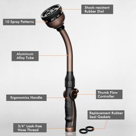 RESTMO Watering Wand, Heavy Duty Metal Garden Hose Wand with Thumb Flow Control, 15-Inch Long Hose Nozzle Sprayer with 10 Spray Patterns, Ideal to Water Hanging Baskets and Shrubs, Oil Rubbed Bronze