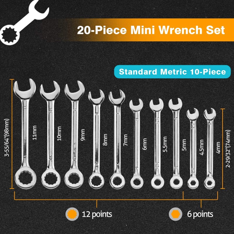 Speedwox 20-Piece Mini Combination Wrench Set, High Carbon Steel, Silv