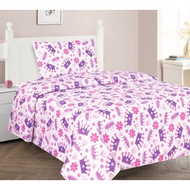 3pc Kids Baby Bedding Sheet Set Twin Printed Design Flat Sheet Fitted Sheet and Pillow Case (Purple Crown)