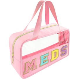Bunliuys Chenille Letter Clear Makeup Bag Meds Patch, Travel Toiletry Makeup Bag with Handle, Nylon Waterproof Makeup Bags clear cosmetic bag, preppy patch makeup bag for Women (MEDS-Pink), Pink