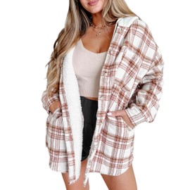 Merryfun Womens Plaid Shacket Jacket Sherpa Lined Flannel Jackets Oversized Button Up Fleece Hooded Warm Coat,Cream/White M