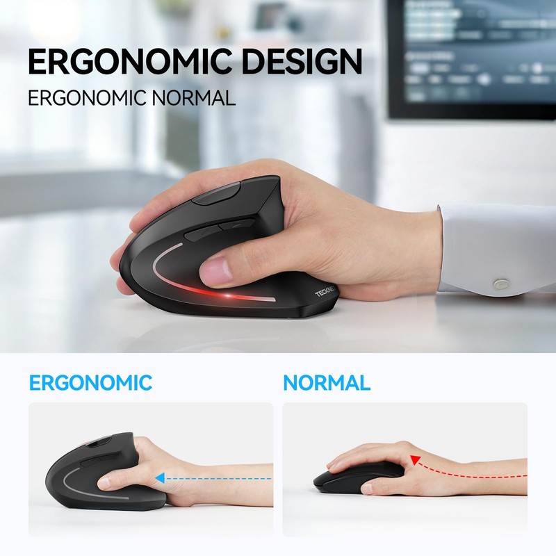 TECKNET Ergonomic Mouse, Wireless Bluetooth Vertical Mouse, 4800 DPI Silent