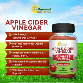 aSquared Nutrition Apple Cider Vinegar Gummies - 1500mg with The Mother - 90 ACV Gummies w/Vitamin B6 & B12, Folic Acid - Vegan Gummy Supplement Alternative to Capsules Pills & Drink