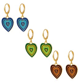 3Pairs Cute Gradient Color Heart-shaped Hoop Earring Set Vintage Colorful Enamel Love Heart Dangle Drop Earring for Women 14K Gold Plated Valentine's Day Jewelry Birthday Gift-A brown
