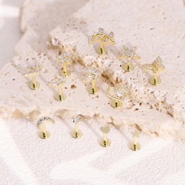 REVOLIA 12Pcs 16G Threadless Cartilage Earrings Stud 14K Gold Plated Tragus Earrings for Women 316L Stainless Steel Heart Flat Back Earrings Stud Moon Star CZ Helix Conch Cartilage Piercing 6/8mm G8