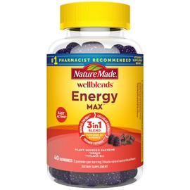 Nature Made Wellblend EnergyMAX - Gomitas de cafena de accin rpida, CoQ10 y vitamina B12 de 1000 mcg, vitaminas gomosas de apoyo energtico, gomitas...