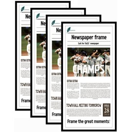Goldfinch 4 Packs, 11x22 Newspaper Frame to Hold Assorted Media, Article Cover Frame with Polished Plexiglass, Includes Installed Wall Hangers (4, Black)
