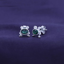 14k White Gold Over Sterling Silver Simulated Emerald & Cubic Zirconia Animal Frog Post Stud Earrings