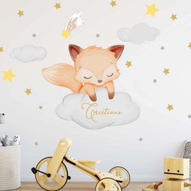 WANDKIND Fox Cloud with Desired Name V392 Wall Sticker for Children's Room Handdrawn Sticker Nursery Wall Sticker Baby Room Fox, Cloud, Stars (75 x 75 cm)