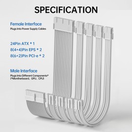 Generic PSU Cable Extension Kit 30CM Length with Cable Combs 1x24Pin/2x8Pin(4+4) EPS/2x8Pin(6P+2P) PCI-E/PC Sleeved Cable for ATX Power Supply (White)