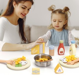 Pillowhale Pasta Food Toys, Wooden Play Kitchen Food , Play Food with Pots and Pans Playset, Kids Pretend Play Kitchen Accessories Toys Set for Girls Boys 3+Years Old