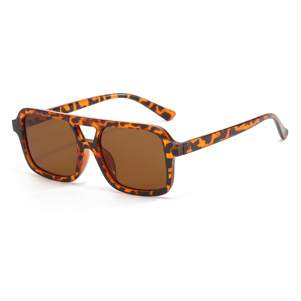 LJCZKA Retro Sunglasses Aviator Glasses for Men Women Classic 70s Flat Square Double Bridge Sunglasses with UV400 Protection, leopard