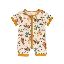 Dubute Infant Western Baby Girl Boy Clothes Short Sleeve Cow Print Romper Bodysuit Cotton One Piece Summer Outfit (Apricot Zipped Horse, 0-3 Months)