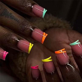 Square Press On Nails Short Fake Nails Colorful French Tip False Nails With Design Full Cover Cute Acrylic Nails Reusable Glue On Nails Artificial Nails Glossy Stick On Nails For Women Manicure 24pcs