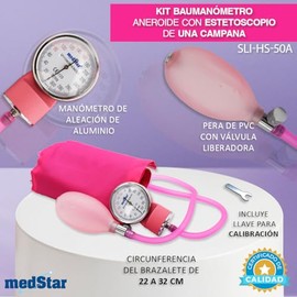 MEDSTAR | Kit Baumanómetro Aneroide con Estetoscopio de una Campana FULL COLOR (Rosa)