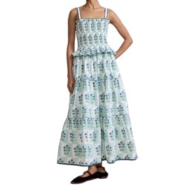 Womens Summer Maxi Dress Floral Sleeveless Smocked Maxi Dress Boho Spaghetti Strap A-Line Flowy Beach Long Sundress (Green, S)