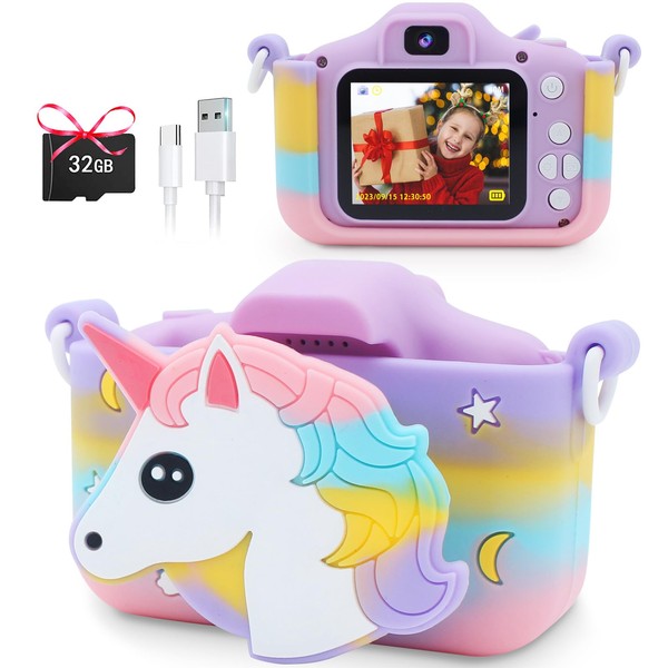 Children's Camera with 32GB SD Card, POSO Children's Camera Unicorn, 1080P HD Digital Camera for Children, 2.0 Inch Screen Camera, Children, Girls Toy for 3 4 5 6 7 8 9 10 Years