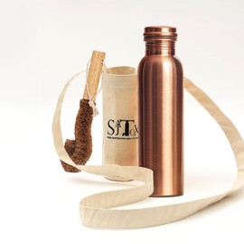 SAJTOX 32oz Plain Large Pure Clear Copper Water Bottle Leak Proof Travel Big Size Water Bottles for Drinking Water & Ayurvedic Health benefits With Canvas Bag & Bottle Cleaner Brush