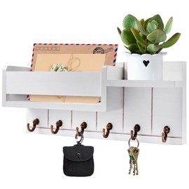 Orixo Key Rack with Wooden Tray, Wall Key Rack with 6 Hooks, Key Holder Wall, Key Hook with Shelf, Key Hanger for Entrance, Hallway, Living Room, Bedroom, Office, White