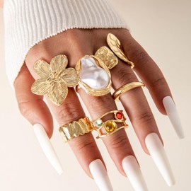 Bestleey Chunky Gold Flowers Rings for Women,Vintage Irregular Knuckles Ring Statement Boho Stackable Ring Classic Fashion Jewelry, Alloy Steel, No Gemstone