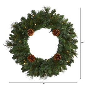 Nearly Natural 20in. Pine Artificial Christmas Wreath with 35 LED Lights and Pinecones