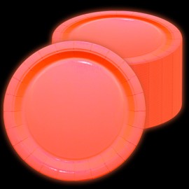 Platos de cumpleaños de neón que brillan en la oscuridad, 50 platos de papel de mandarina a granel de 9 x 9 pulgadas, platos de fiesta brillantes para suministros de fiesta de neón que brillan