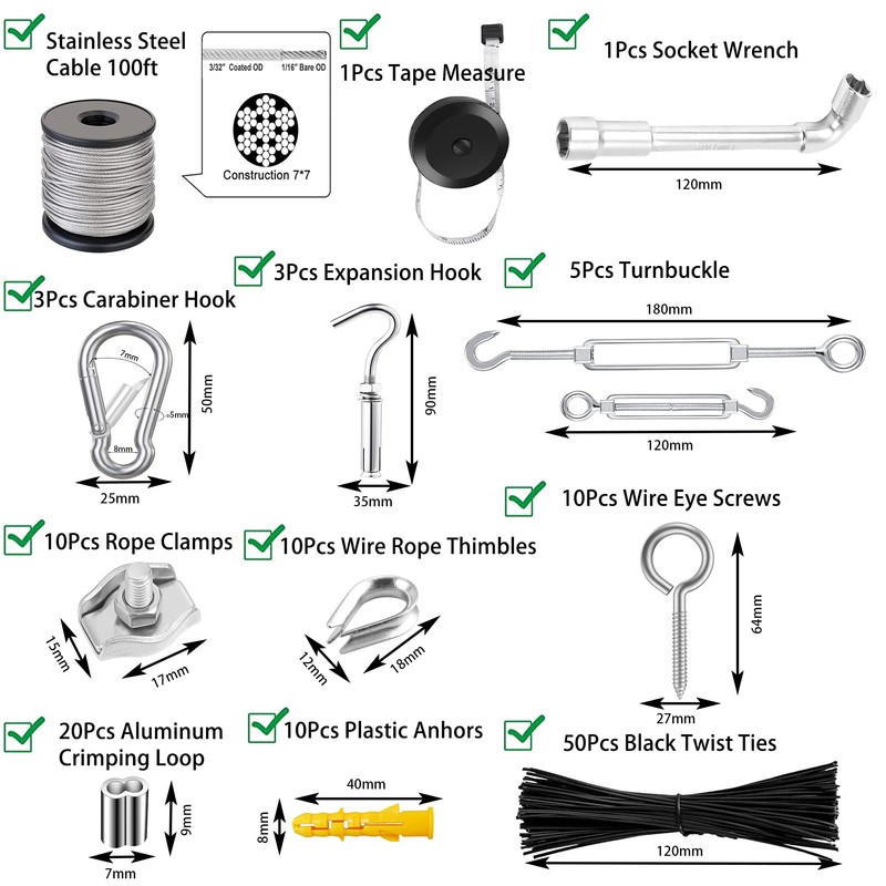 AFences 1/8" Stainless Steel Cable,1/8" Wire Rope,M5 Turnbuckle Kit,165FT Wire