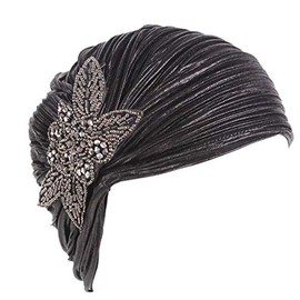 YEEBOM Women's Beaded Flower Ruffle Turban Hat Glitter Twist Pleated Hair Wrap Stretch Turban Black