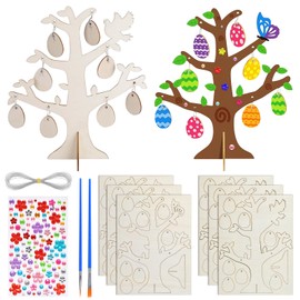 Auirshiky Set of 6 Easter Tree Craft Set, Wooden Easter Eggs for Painting Set, Easter Decoration Crafts Children, Wooden Pendant Easter for Painting, 48 Easter Eggs, 2 Types of Oil Brushes, 1 Diamond